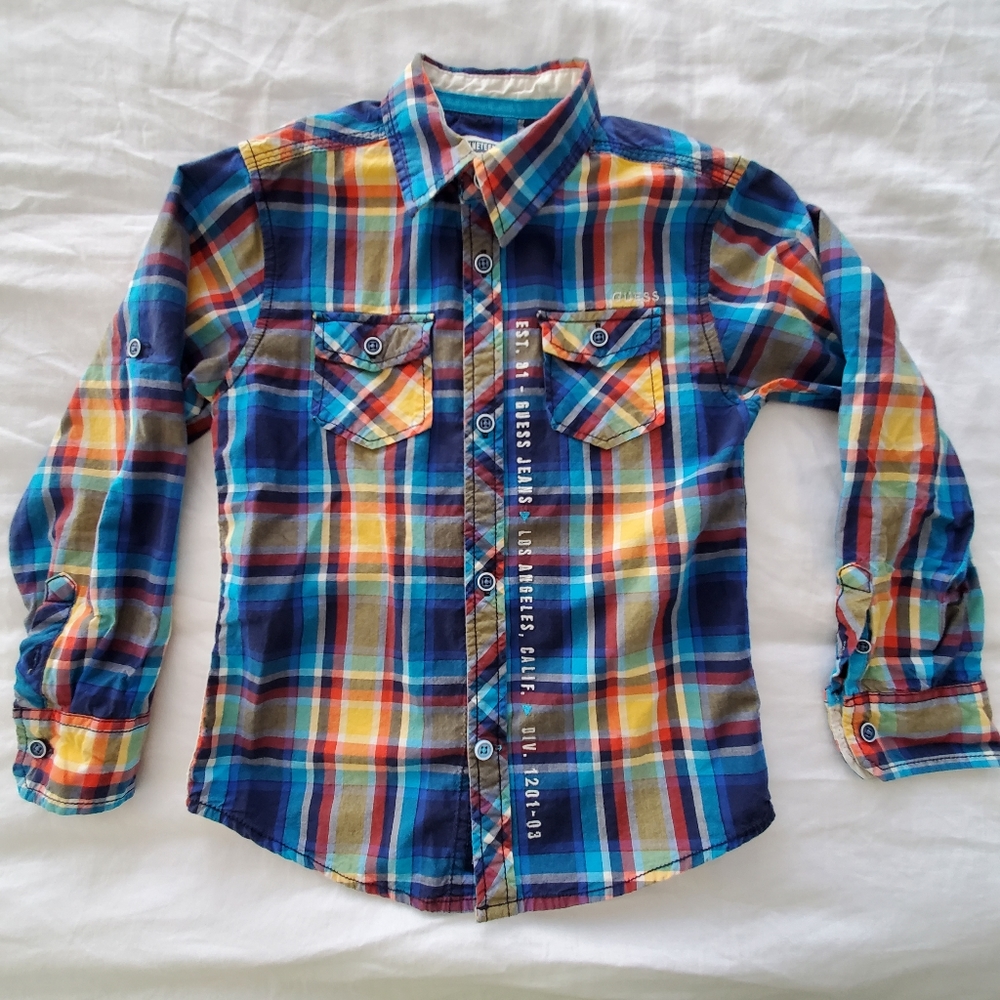 Guess Button-Down Plaid Long Sleeves Shirt, Boys, Size 7